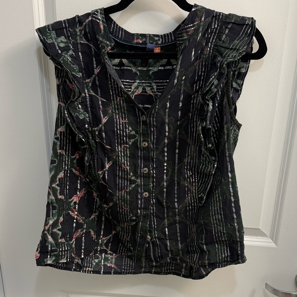 Anthropologie Pilcro Metallic Striped Cotton Ruffle Sleeve Blouse
